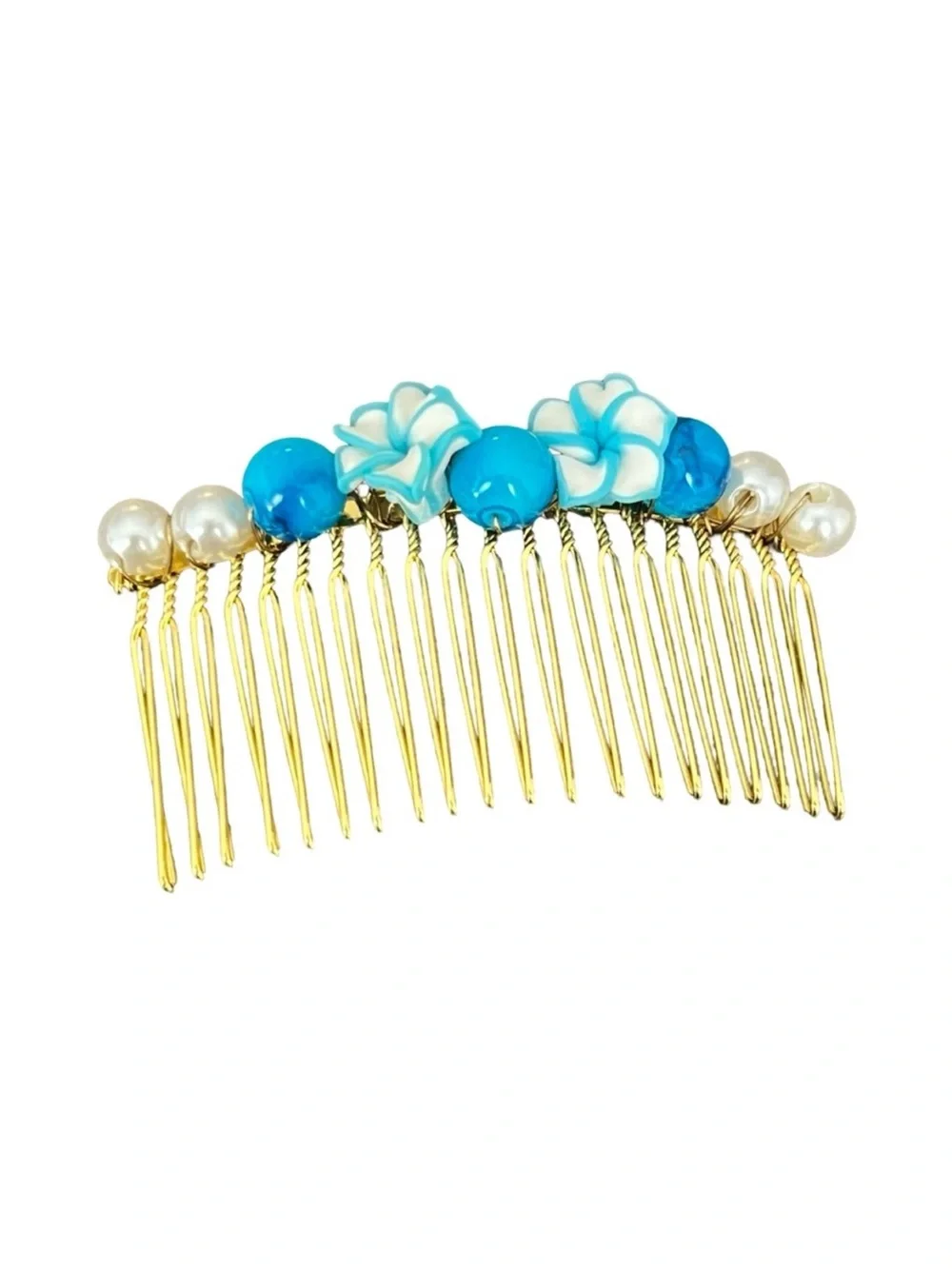 Gold Hair Comb with Turquoise Blue Flower Beads FINAL PRICE DROP